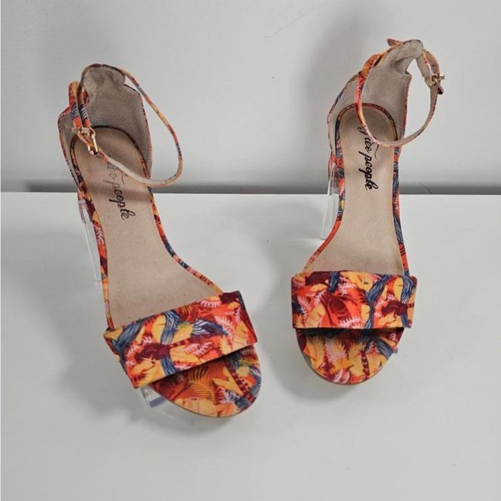 Free People Tropical Print Ankle Strap Heels in Orange, Yellow and Blue